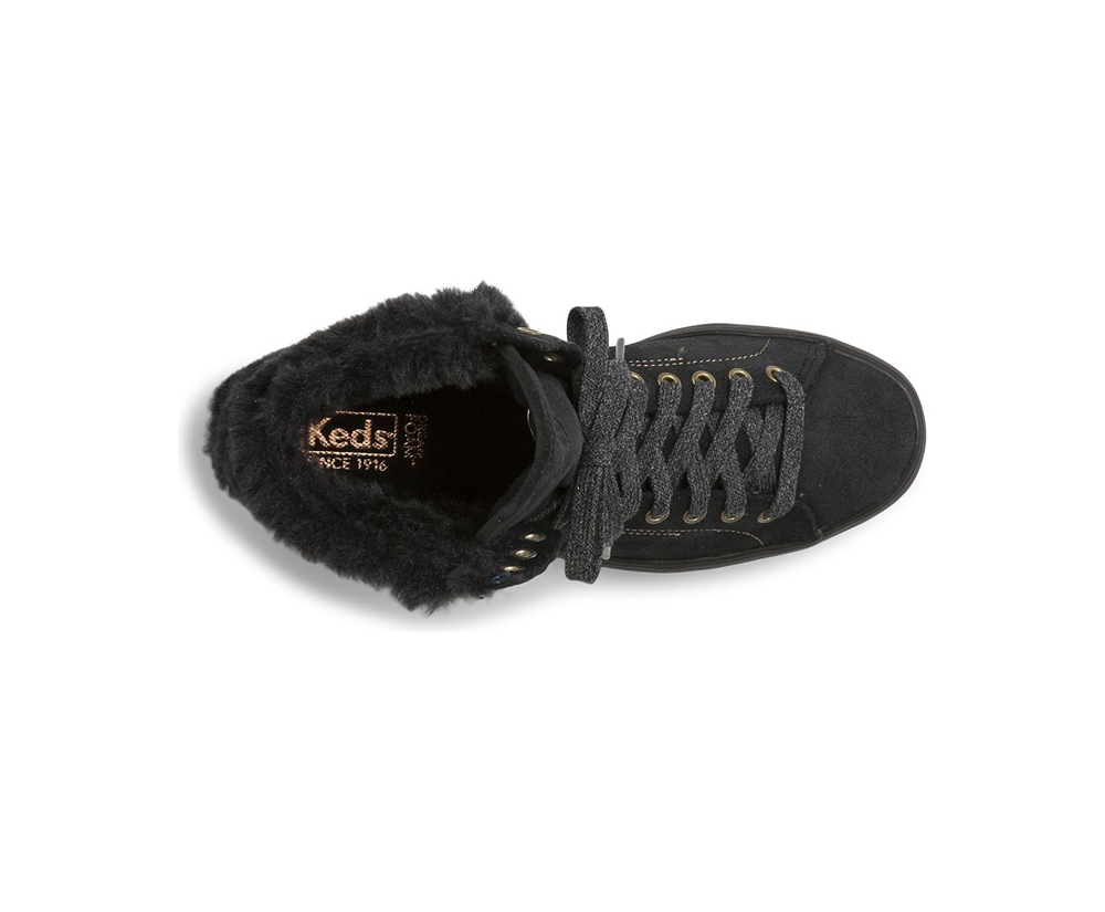 Keds Sneakers Black - Rise Hi Suede Faux Fur - Womens BVFOQC-592